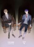  absurdres armchair bandaged_hand bandages black_jacket black_pants brown_eyes brown_footwear brown_hair brown_jacket chair closed_mouth crossed_legs green_eyes grey_sweater hair_between_eyes hands_on_own_knees hataya highres jacket kagami_hayato kenmochi_touya loafers looking_at_viewer necktie nijisanji open_clothes open_jacket pants purple_hair reclining red_necktie shoes sitting smile sweater sweater_vest 