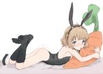  1girl animal_ears bangs bed_sheet biting black_leotard black_socks blue_eyes blush brown_hair commentary_request fake_animal_ears full_body idolmaster idolmaster_million_live! kneehighs leotard looking_at_viewer lying on_stomach playboy_bunny rabbit_ears rabbit_tail ripu_(lipi) shoes shoes_removed simple_background socks solo stuffed_carrot stuffed_toy suou_momoko tail v-shaped_eyebrows white_background white_footwear 