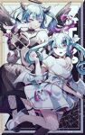  absurdres aimaina aqua_hair black_dress black_wings choker dark_halo demon_horns demon_wings doushite-chan dress fishnet_pantyhose fishnets hair_ornament halo hatsune_miku head_wings highres holding_trident horns long_hair open_mouth pantyhose ruoruomi smile thigh_strap twintails very_long_hair vocaloid white_dress wings 