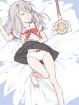  1girl akinbo_(hyouka_fuyou) bare_legs barefoot bed_sheet black_skirt closed_eyes clothes_lift collared_shirt fate/kaleid_liner_prisma_illya fate_(series) from_above grey_hair homurahara_academy_school_uniform illyasviel_von_einzbern long_hair lying magical_ruby miniskirt neck_ribbon on_back panties parted_lips pleated_skirt red_ribbon ribbon sailor_collar sailor_shirt school_uniform shirt skirt skirt_lift sleeping solo straight_hair underwear white_panties white_sailor_collar white_shirt 