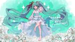  1girl :d absurdly_long_hair absurdres aqua_hair bangs barefoot crown detached_sleeves dress floating_hair flower full_body green_background green_eyes hair_between_eyes hair_flower hair_ornament hair_ribbon hatsune_miku highres holding holding_microphone_stand katorea layered_dress long_hair long_sleeves looking_at_viewer microphone_stand open_mouth outstretched_arm outstretched_hand red_ribbon ribbon sleeveless sleeveless_dress smile solo standing standing_on_one_leg very_long_hair vocaloid white_dress white_flower white_sleeves 