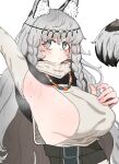  1girl animal_ear_fluff animal_ears aqua_eyes arknights arm_up armpits bangs belt breasts bright_pupils circlet closed_mouth dress grey_dress hand_on_own_chest highres jewelry large_breasts leopard_ears leopard_girl leopard_tail looking_at_viewer mole mole_on_armpit necklace pramanix_(arknights) sideboob solo steaming_body tail turtleneck_dress wwo2002 