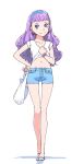  1girl akinbo_(hyouka_fuyou) bag bare_legs blue_eyes blue_hairband blue_shorts closed_mouth clothes_lift collarbone denim denim_shorts earrings full_body hairband highres holding holding_bag jewelry laura_la_mer lifted_by_self long_hair looking_at_viewer midriff navel plastic_bag precure purple_hair shirt shirt_lift short_shorts shorts simple_background smile solo standing stomach t-shirt thigh_gap tropical-rouge!_precure white_background white_shirt 