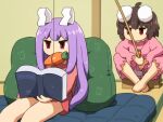  2girls adapted_costume ahoge animal_ears animal_print annoyed bangs barefoot book brown_hair bunny_print carrot carrot_necklace carrot_on_stick couch crossed_ankles dress holding holding_book holding_stick inaba_tewi indoors jewelry jitome light_blush long_hair long_sleeves multiple_girls necklace open_book pillow pink_dress purple_hair rabbit_ears reading red_eyes reisen_udongein_inaba shirosato short_hair sitting stick touhou v-shaped_eyebrows very_long_hair 