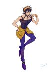  1boy abs absurdres bangs bare_shoulders black_hair black_shirt collarbone full_body highres jojo_no_kimyou_na_bouken looking_at_viewer male_focus muscular muscular_male narancia_ghirga pants purple_footwear purple_pants shirt short_hair signature simple_background sleeveless sleeveless_shirt solo vento_aureo watawata_nr_(siroraku) white_background 