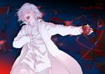  1boy :d akudama_drive bangs blood closed_eyes coat cutthroat_(akudama_drive) hand_on_own_chest heart holding holding_heart long_sleeves lying male_focus miwayama on_back open_clothes open_coat open_mouth pants shirt short_hair smile solo stone_floor teeth tongue white_coat white_hair white_pants white_shirt 