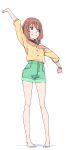  1girl akinbo_(hyouka_fuyou) arm_up bangs bare_legs barefoot braid brown_hair closed_mouth delicious_party_precure full_body green_shorts hanamichi_ran highres long_sleeves medium_hair off-shoulder_shirt off_shoulder outstretched_arms precure red_eyes shirt short_shorts shorts simple_background smile solo standing watch white_background wristwatch yellow_shirt 
