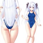  1girl absurdres ass blue_one-piece_swimsuit breasts clothes_pull commission competition_swimsuit covered_navel feet_out_of_frame from_behind full_body hair_between_eyes highleg highleg_swimsuit highres koi_ni_kanmi_o_soete long_hair looking_at_viewer medium_breasts multiple_views ncontrail_(mgax7527) one-piece_swimsuit one-piece_swimsuit_pull purple_eyes shionomiya_richer simple_background skeb_commission swimsuit white_background white_hair 