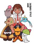  1girl alternate_costume bag_removed bangs black_gloves black_socks character_name collared_shirt commentary_request elizabeth_(tomas21) gloves highres knees may_(pokemon) necktie orange_necktie orange_shorts pokemon pokemon_(creature) pokemon_(game) pokemon_rse pokemon_sv ralts shirt shoes shorts shroomish sitting snorunt socks spoink surskit twitter_username white_background white_shirt 