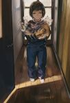  1other absurdres androgynous animal black_shirt blue_overalls bob_cut brown_eyes brown_hair cat child closed_mouth door fantasy hallway hataya highres holding holding_animal holding_cat indoors looking_at_viewer making-of_available original overalls shirt 