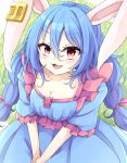  1girl :3 :d animal_ears bangs blue_dress blue_hair breasts cleavage dress earclip hair_between_eyes highres long_hair looking_at_viewer low_twintails medium_breasts neko_mata open_mouth rabbit_ears rabbit_girl red_eyes seiran_(touhou) short_sleeves smile solo touhou twintails 