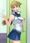  1girl :d bangs bare_arms blue_sailor_collar blue_skirt blurry blurry_background breasts brown_hair cowboy_shot duel_academy_uniform_(yu-gi-oh!_gx) floating_hair hair_between_eyes highres jacket long_hair looking_at_viewer medium_breasts miniskirt open_mouth rourou_ill sailor_collar skirt sleeveless sleeveless_jacket smile solo standing straight_hair tenjouin_asuka very_long_hair white_jacket yellow_eyes yu-gi-oh! yu-gi-oh!_gx 