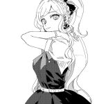  1girl arm_up bangs belt bow bowtie bracelet braid closed_mouth danganronpa_(series) danganronpa_2:_goodbye_despair dress earrings grey_background greyscale hair_bow jewelry long_hair monochrome ponytail puffy_short_sleeves puffy_sleeves shi_chimi short_sleeves simple_background solo sonia_nevermind 