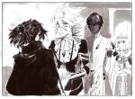  4boys arjuna_(fate) armband crossed_arms dark-skinned_male dark_skin ddlcclia fate/extra fate/grand_order fate_(series) greyscale jewelry karna_(fate) medium_hair monochrome multiple_boys oberon_(fate) okada_izou_(fate) parted_lips ponytail smile 