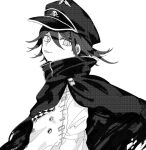  1boy :p bangs buttons cape closed_mouth danganronpa_(series) danganronpa_v3:_killing_harmony double-breasted grey_background greyscale hair_between_eyes hat jacket long_sleeves male_focus medium_hair monochrome ouma_kokichi peaked_cap shi_chimi skull_print solo tongue tongue_out 