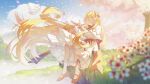  1girl blonde_hair capelet cherry_blossoms closed_eyes dress fairy fairy_wings hat hat_removed headwear_removed highres jiege lily_white long_hair long_sleeves open_mouth red_footwear shoes smile socks solo touhou white_capelet white_dress white_headwear white_socks wings 