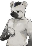  2023 5_fingers anthro arknights black_body black_fur brush comb_(brush) ear_piercing eyebrow_piercing facial_piercing fingers fur grey_body grey_fur hair hairbrush hi_res hyena hypergryph male mammal mimizuku_kemo multicolored_hair piercing solo spot_(arknights) spotted_hyena studio_montagne two_tone_hair 