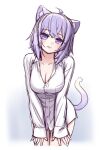  1girl animal_ears blush breasts cat_ears cat_tail cleavage cowboy_shot dot_nose head_tilt large_breasts leaning_forward looking_at_viewer naked_shirt nekomata_okayu parted_lips purple_hair sabaku_chitai shirt sketch smile solo standing tail tail_raised 