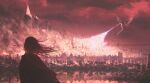  1girl absurdres breathing_fire castle cityscape cloud cloudy_sky dragon fantasy fatalis fire flying from_behind highres lens_flare long_hair monster_hunter_(series) outdoors red_theme sky smoke solo tower valky_uniguri wall wind wings 