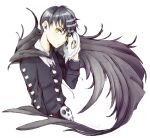 1boy black_cape black_hair black_shirt cape death_the_kid frown male_focus mask putting_on_mask serious shirt short_hair shouuko simple_background skull soul_eater white_background white_mask yellow_eyes 