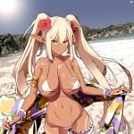  1girl aarmbandd bikini blonde_hair choker circle_a collarbone dark_skin green_eyes large_breastss legwear_garter long_hair looking_at_viewer micro_bikini original photo_background pointy_ears sarong sidelocks solo swimsuit tan twintails wrist_cuffs 