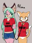  absurd_res ambiguous_gender anthro ball_gag bodily_fluids canid canine clothing collar duo felid feline fox fur gag green_hair hair hi_res hima_nsfw holding_leash holding_object intersex intersex/intersex leash mammal orange_body orange_fur pink_body pink_fur red_clothing red_shirt red_topwear saliva shirt smile tan_body tan_fur text text_on_clothing text_on_shirt text_on_topwear topwear white_body white_fur 