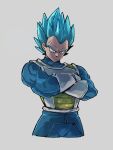  1boy aqua_eyes aqua_hair bodysuit crossed_arms dragon_ball dragon_ball_super gloves grey_background kemachiku male_focus saiyan_armor simple_background solo spiked_hair super_saiyan super_saiyan_blue upper_body vegeta white_gloves 