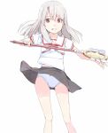  1girl akinbo_(hyouka_fuyou) bangs clothes_lift collared_shirt fate/kaleid_liner_prisma_illya fate_(series) grey_hair grey_skirt hair_between_eyes holding holding_staff homurahara_academy_school_uniform illyasviel_von_einzbern long_hair looking_at_viewer magical_ruby miniskirt panties pantyshot parted_lips pleated_skirt red_eyes sailor_collar sailor_shirt school_uniform shirt short_sleeves simple_background skirt skirt_lift solo staff standing underwear white_background white_panties white_sailor_collar white_shirt 
