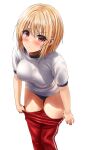  1girl black_buruma blonde_hair blush breasts buruma clothes_pull feet_out_of_frame gym_shirt highres large_breasts leaning_forward original pants pants_pull parted_lips red_eyes red_pants shirt short_hair short_sleeves simple_background solo standing track_pants undressing v-shaped_eyebrows white_background white_shirt yukemuriganmo 
