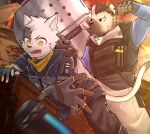  2022 5_fingers anthro arknights black_body black_fur clothing domestic_cat duo felid feline felis fingerless_gloves fingers fur gloves handwear hi_res hyena hypergryph male mammal multicolored_body multicolored_fur open_mouth shield spot_(arknights) spotted_hyena studio_montagne topwear two_tone_body two_tone_fur uniform white_body white_fur wodon yellow_eyes 