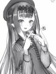  1girl :d crossed_fingers dress fang greyscale hairband hands_up hat highres hololive hololive_english long_hair long_sleeves looking_at_viewer monochrome nanashi_(nlo) ninomae_ina&#039;nis simple_background skin_fang smile solo tentacle_hair virtual_youtuber white_background 