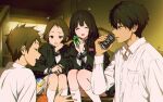  2boys 2girls :d artist_logo bangs black_hair breast_pocket brown_eyes brown_hair can chitanda_eru fukube_satoshi green_eyes happy highres holding holding_can hyouka ibara_mayaka indoors kneehighs long_hair looking_at_another mery_(yangmalgage) multiple_boys multiple_girls open_mouth oreki_houtarou parted_bangs pocket profile purple_eyes school_uniform serafuku shirt short_hair sitting smile socks white_socks 