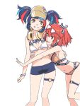  2girls :d akinbo_(hyouka_fuyou) bare_arms baseball_cap bikini bikini_shorts blue_bikini blue_hair blue_shorts bracelet breasts brown_bikini cleavage eyewear_on_head fate/grand_order fate_(series) fujimaru_ritsuka_(female) grin hair_ribbon hat heart heart-shaped_eyewear jewelry long_hair medium_breasts micro_shorts mismatched_bikini multicolored_hair multiple_girls navel open_mouth red_eyes red_hair ribbon sei_shounagon_(fate) sei_shounagon_(swimsuit_berserker)_(fate) shorts side_ponytail sideboob simple_background smile sunglasses swimsuit thigh_strap twintails underboob white_background white_bikini white_ribbon yellow_eyes yellow_headwear 