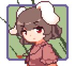  1girl animal_ears bangs black_hair carrot_necklace closed_mouth floppy_ears green_background inaba_tewi jewelry looking_at_viewer lowres necklace one-hour_drawing_challenge pixel_art poropo1133 rabbit_ears rabbit_girl red_eyes short_hair solo touhou 