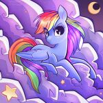  absurd_res black_eyes blue_body blue_feathers cloud digital_media_(artwork) equid equine eyelashes feathered_wings feathers female feral friendship_is_magic hair hasbro hi_res lying mammal moon multicolored_hair multicolored_tail my_little_pony pegasus rainbow_dash_(mlp) rainbow_hair rainbow_tail solo star syrupyyy tail wings 