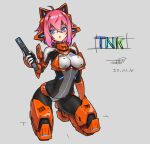  1girl ahoge armor blue_eyes bodysuit covered_navel dated full_body grey_background gun handgun headgear holding holding_gun holding_weapon kneeling original pink_hair short_hair skin_tight solo takada_kazuhiro weapon 