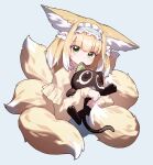  1girl absurdres animal_ear_fluff animal_ears arknights bangs beudelb black_cat blonde_hair blush cat cropped_torso fox_ears fox_girl fox_tail frilled_hat frills green_eyes hat highres long_hair long_sleeves looking_at_viewer luoxiaohei multicolored_hair nibbling official_alternate_costume simple_background suzuran_(arknights) suzuran_(spring_praise)_(arknights) tail tearing_up the_legend_of_luo_xiaohei two-tone_hair upper_body white_background white_hair 