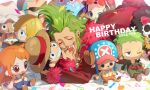  1boy bartolomeo blush blush_stickers brook_(one_piece) character_doll closed_eyes coat confetti dated earrings facial_tattoo franky_(one_piece) fur-trimmed_coat fur-trimmed_sleeves fur_trim green_hair happy_birthday highres jewelry jinbe_(one_piece) long_sleeves lying male_focus monkey_d._luffy nami_(one_piece) nico_robin nose_piercing nose_ring object_hug on_stomach one_piece open_mouth piercing qin_(7833198) red_coat roronoa_zoro sanji_(one_piece) sharp_teeth sidelocks smile solo spiked_hair straw_hat_pirates tattoo teeth tony_tony_chopper usopp 