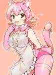 1girl animal_ears apron blush bow bowtie breasts brown_eyes cat_ears cat_girl cat_tail elbow_gloves eyelashes gloves highres kemono_friends large_breasts open_mouth outline panties peach_panther_(kemono_friends) pink_bow pink_bowtie pink_fur pink_gloves pink_hair pink_panties pink_tail pink_thighhighs short_hair solo standing suicchonsuisui tail tail_bow tail_ornament thighhighs underwear white_outline 
