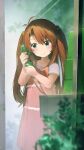  1girl absurdres blush child corded_phone dress female_child green_eyes hair_bobbles hair_ornament highres holding holding_phone koshigaya_komari long_hair natsuyamai non_non_biyori outdoors payphone phone phone_booth pink_dress smile solo talking_on_phone twintails very_long_hair 