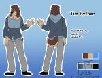  anthro blue_background blue_eyes bottomwear brown_body brown_fur canid canine canis character_name clothing color_swatch domestic_dog front_and_back fur grey_bottomwear grey_clothing grey_pants hoodie male mammal mastiff model_sheet molosser pants raised_hand randomgirl1265 simple_background solo standing tail tim_(randomgirl1265) tim_ryther topwear two-tone_tail 