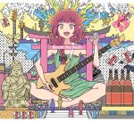  5girls album_cover_redraw alcohol asian_kung-fu_generation bass_guitar bocchi_the_rock! bottle braid crescent cup derivative_work dress drumsticks earrings feet giant giantess gotou_hitori green_dress guitar highres hiroi_kikuri holding holding_cup holding_instrument ijichi_nijika instrument jewelry kita_ikuyo long_hair low-braided_long_hair multiple_girls oshiri_seijin purple_hair ringed_eyes sake sharp_teeth silhouette stairs star_(symbol) star_earrings statue teeth torii waves yamada_ryou 