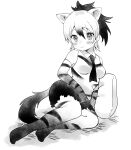  1girl aardwolf_(kemono_friends) aardwolf_ears aardwolf_girl aardwolf_tail animal_ears blush breasts elbow_gloves gloves highres kemono_friends medium_breasts monochrome necktie pillow ponytail shirt shorts sleeveless sleeveless_shirt smile solo suicchonsuisui tail torn_clothes torn_shorts 