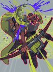  1girl bangs bike_shorts blunt_bangs bow_(weapon) braid caffstrink emphasis_lines explosion eye_mask eyebrow_cut fang fishing_line floating full_body glowing glowing_eye green_eyes green_hair green_nails highres holding holding_bow_(weapon) holding_weapon ink inkling inkling_girl multicolored_eyes one_eye_closed open_mouth orange_pupils paint_splatter severed_limb shade shirt shoes short_hair_with_long_locks side_braid sneakers solo splatoon_(series) splatoon_3 t-shirt tentacle_hair thick_eyebrows torn_clothes torn_shirt tri-stringer_(splatoon) v-shaped_eyebrows weapon wide-eyed 