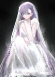  1girl absurdly_long_hair absurdres alternate_costume bangs blue_eyes bridal_veil character_name commentary copyright_name crossed_legs cyrilashnmsh dress earrings fate/grand_order fate_(series) gloves highres jewelry lace long_hair looking_at_viewer meltryllis_(fate) one_side_up parted_lips purple_hair see-through see-through_sleeves sitting solo swept_bangs twitter_username veil very_long_hair wedding_dress white_dress white_gloves 