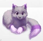  2021 ambiguous_gender black_nose digital_media_(artwork) digital_painting_(artwork) domestic_cat felid feline felis female feral fur grey_body grey_fur lineless mammal multicolored_body multicolored_ears multicolored_fur multicolored_tail paws purple_body purple_eyes purple_fur quadruped renka2802 simple_background smile solo tail 