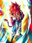  abs aura biceps blue_eyes blue_sash body_fur brown_fur dragon_ball dragon_ball_gt fusion fusion_dance gogeta highres metamoran_vest monkey_boy monkey_tail muscular muscular_male pectorals sash smirk stynl_f super_saiyan super_saiyan_4 tail veins veiny_hands 