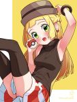  1girl arm_up armpits bangs blonde_hair blush bracelet breasts brown_headwear brown_sweater_vest brown_thighhighs commentary_request cosplay earrings eyelashes green_eyes hand_up hat highres holding holding_poke_ball jewelry kinocopro lillie_(pokemon) long_hair open_mouth poke_ball poke_ball_(basic) pokemon pokemon_(anime) pokemon_journeys pokemon_sm_(anime) red_skirt serena_(pokemon) serena_(pokemon)_(cosplay) skirt solo sweater_vest thighhighs yellow_background 