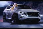  1girl absurdres blonde_hair car coat gloves ground_vehicle highres hyundai hyundai_tucson_nx4 leaning_on_object long_hair looking_at_viewer motor_vehicle nougat_(73r1r1) original outdoors snow solo white_coat winter winter_clothes winter_coat 