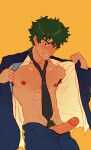  1boy absurdres cowboy_bebop cuckoo_chan erection green_hair highres male_focus necktie nipples pants penis pubic_hair solo spike_spiegel undressing yellow_background 